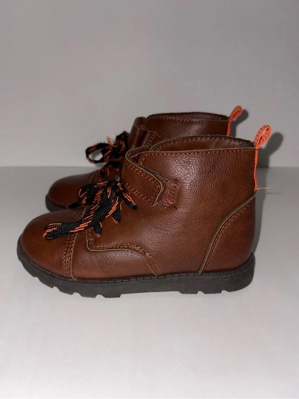 Carters- Kids Brown Leather Lace-Up Boots with Orange Accent
